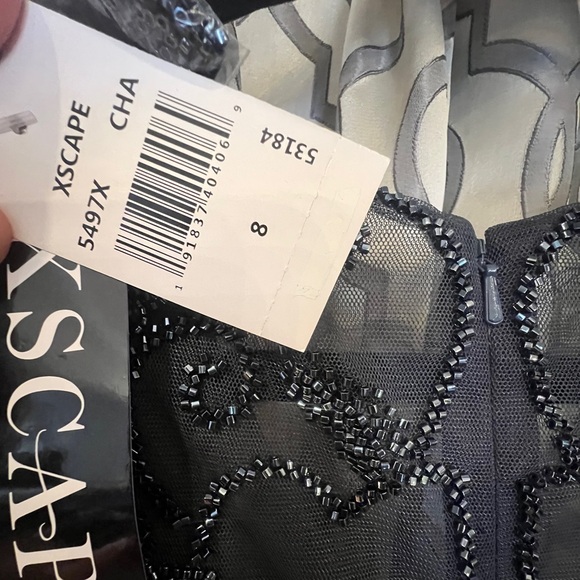 Xscape special occasion dress. Grey w/beads. Size 8. NEW w/tags. Beautiful - Picture 6 of 6